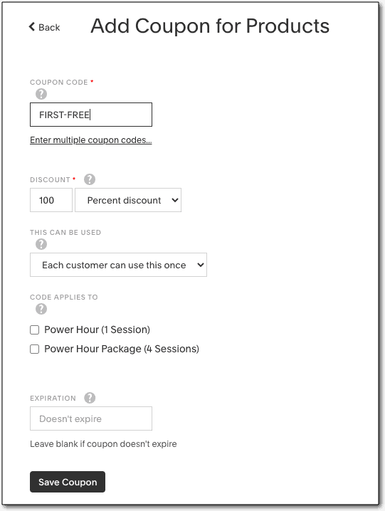 Acuity Scheduling allows you to add coupon codes to your online appointment scheduling