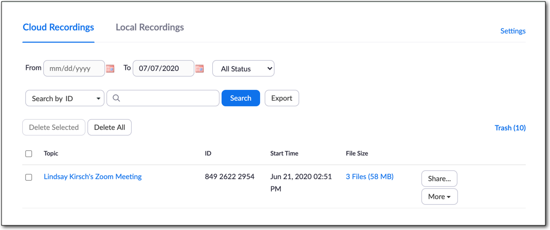 Zoom conferencing cloud recordings