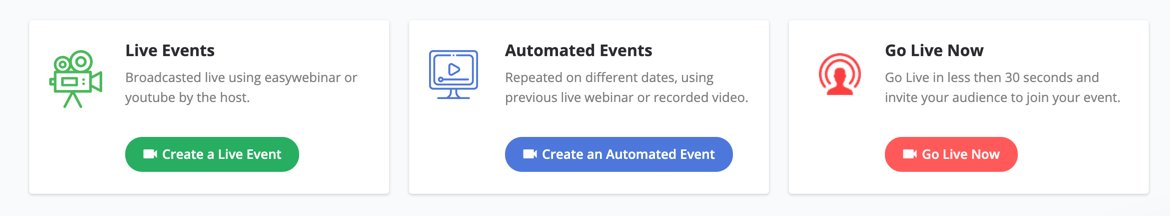 Easy Webinar webinar platform offers a go live now event type